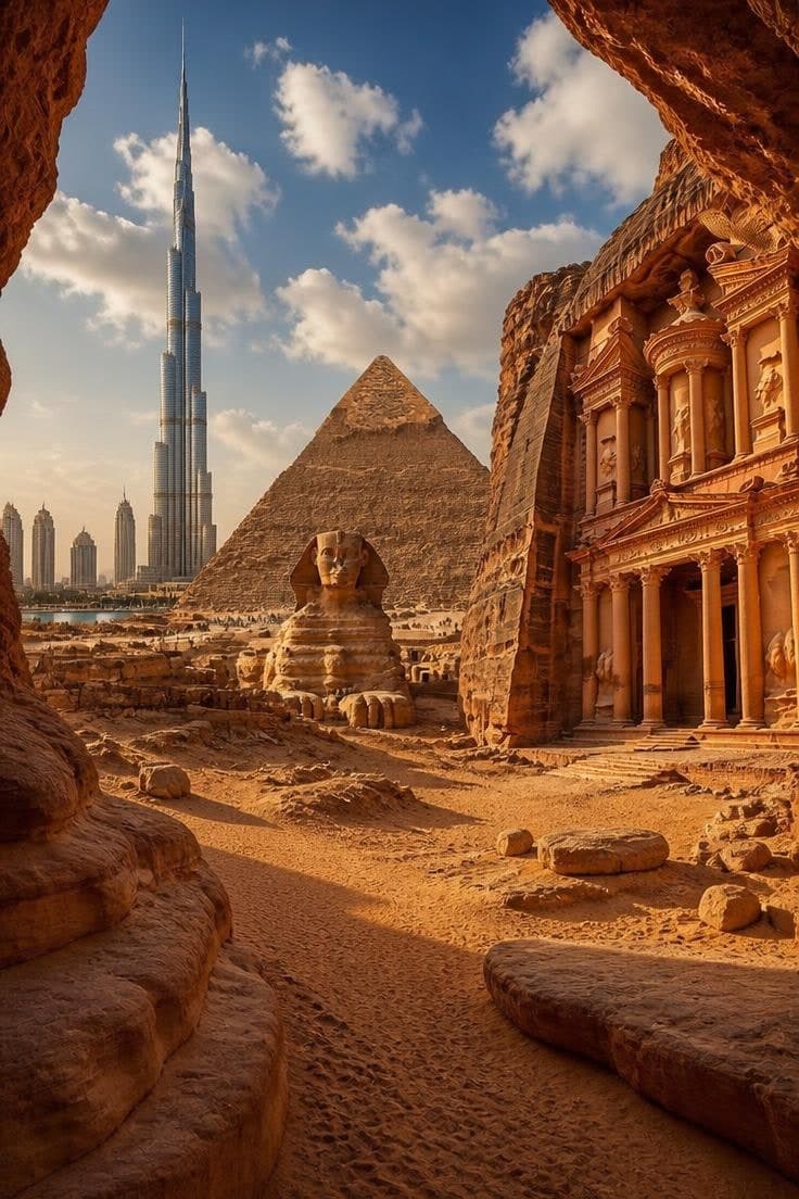 Egypt, Jordan and Dubai in one scene — the Pyramids and Sphinx of Giza, the Treasury at Petra and the Burj Khalifa